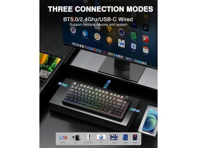 Alt view image 5 of 7 - F75 Pro 75% Tri-Mode Wireless Mechanical Keyboard, Hot Swappable Gaming Keyboard with Knob, Pre-lubed Reaper Switches, Side Printed PBT Keycaps, RGB Backlit Keyboard