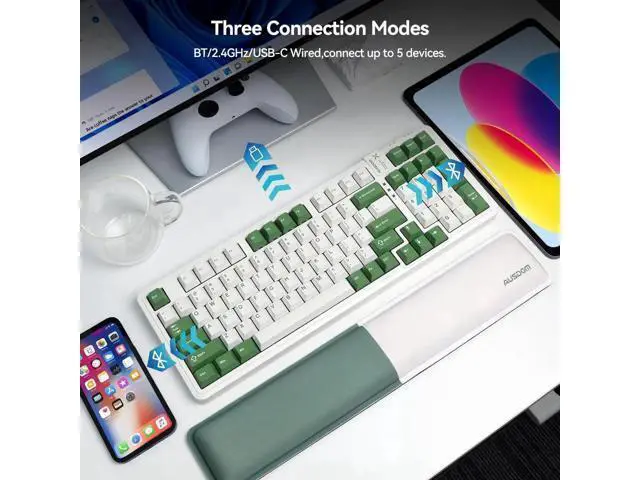 Alt view image 2 of 7 - 98Pro Tri-Mode Wireless Mechanical Keyboard,97 Keys Gasket Hot Swappable Gaming Keyboard Linear Switch RGB Backlit Compatible With Win Mac Green White