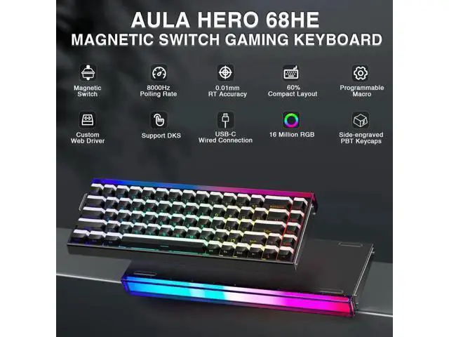 Alt view image 4 of 7 - Hero 68 HE 60% Wired Gaming Keyboard, Hall Effect Magnetic Switch Keyboard, 8KHz Polling Rate, Side Printed PBT Keycaps, RGB Light Box Custom Software Keyboard for PC Mac