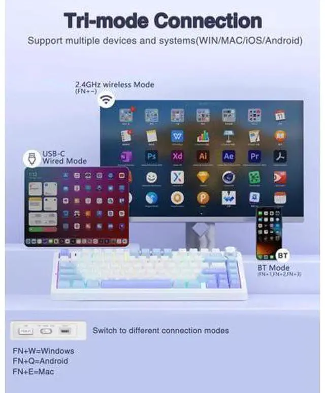 Alt view image 6 of 7 - F75 75% Wireless Mechanical Keyboard and Mouse Combo, Hot Swappable Custom Keyboard + SC580 Wireless Gaming Mouse Set, White
