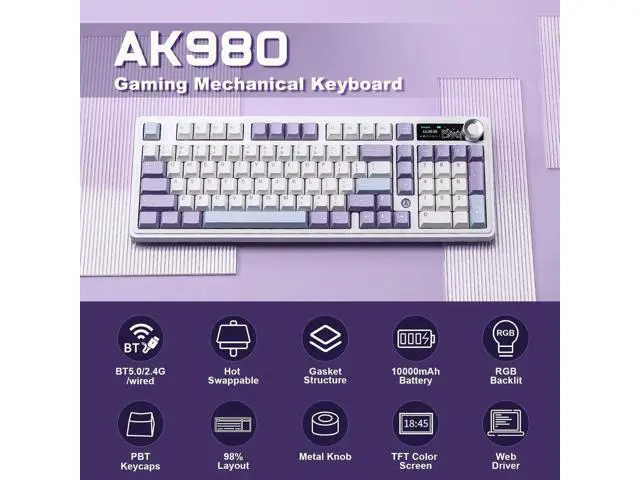 Alt view image 7 of 7 - AJAZZ AK980 Mechanical Keyboard with Smart Display & Control Knob, 98% Layout Tri Mode BT/2.4G/USB-C Wireless Keyboard, Hot Swappable PBT Keycaps RGB Gaming Keyboard Compatible with Win Mac Purple Mur