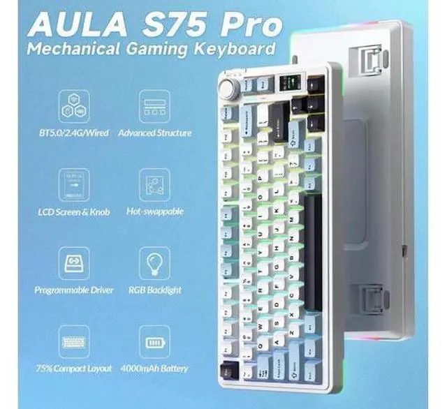 Alt view image 2 of 7 - S75 PRO 75% Tri-Mode Wireless Mechanical Keyboard with Screen & Knob, Hot Swappable Gaming Keyboard, Pre-lubed Switches RGB Backlit PBT Keycaps Creamy Sound Keyboard for PC