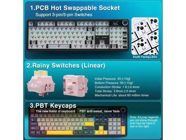 Alt view image 4 of 7 - F108 PRO 104 Keys Wireless Mechanical Keyboard with Screen & Knob, 8000mAh Battery Hot Swappable Gaming Keyboard, Pre-lubed Switch RGB Backlit PBT Keycaps Creamy Sound Keyboard