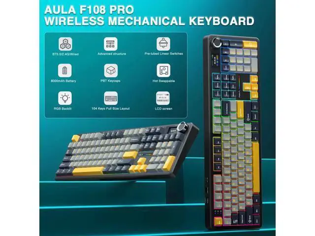Alt view image 7 of 7 - F108 PRO 104 Keys Wireless Mechanical Keyboard with Screen & Knob, 8000mAh Battery Hot Swappable Gaming Keyboard, Pre-lubed Switch RGB Backlit PBT Keycaps Creamy Sound Keyboard