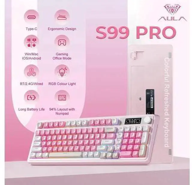Alt view image 2 of 4 - S99Pro Tri-Mode Wireless Gaming Keyboard, Bluetooth 2.4G Wired Keyboard With Numpad, RGB Backlit Media Knob Programmable Creamy Typing Keyboard Pink For PC Gamers