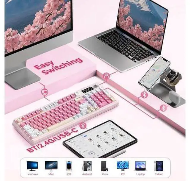 Alt view image 4 of 4 - S99Pro Tri-Mode Wireless Gaming Keyboard, Bluetooth 2.4G Wired Keyboard With Numpad, RGB Backlit Media Knob Programmable Creamy Typing Keyboard Pink For PC Gamers