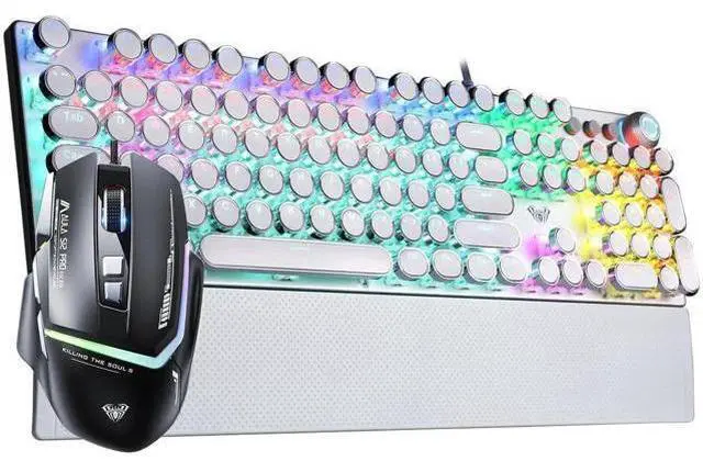 Main image of Wired Mechanical Keyboard and Mouse Combo, F2088 White Typewriter Style Keyboard with Blue Switches + S12PRO RGB Black Gaming Mouse Set for PC Gaming Office