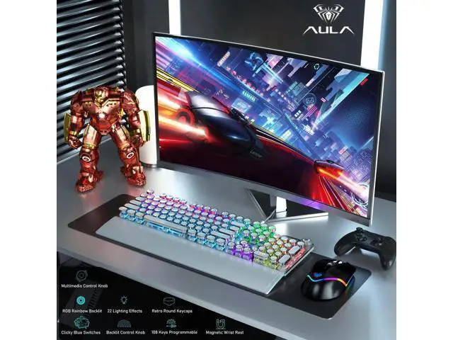 Alt view image 6 of 7 - Wired Mechanical Keyboard and Mouse Combo, F2088 White Typewriter Style Keyboard with Blue Switches + S12PRO RGB Black Gaming Mouse Set for PC Gaming Office