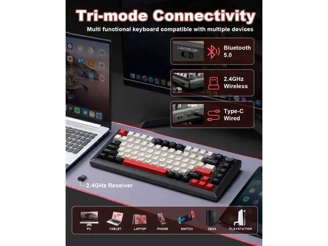 Alt view image 2 of 7 - Y75 75% Tri-Mode Wireless Mechanical Keyboard with Control Knob, Hot Swappable RGB Gaming Keyboard, PBT Keycaps, 2.4G/BT5.0/USB-C, Black Red Colorway with Milk Switch