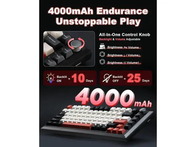 Alt view image 6 of 7 - Y75 75% Tri-Mode Wireless Mechanical Keyboard with Control Knob, Hot Swappable RGB Gaming Keyboard, PBT Keycaps, 2.4G/BT5.0/USB-C, Black Red Colorway with Milk Switch