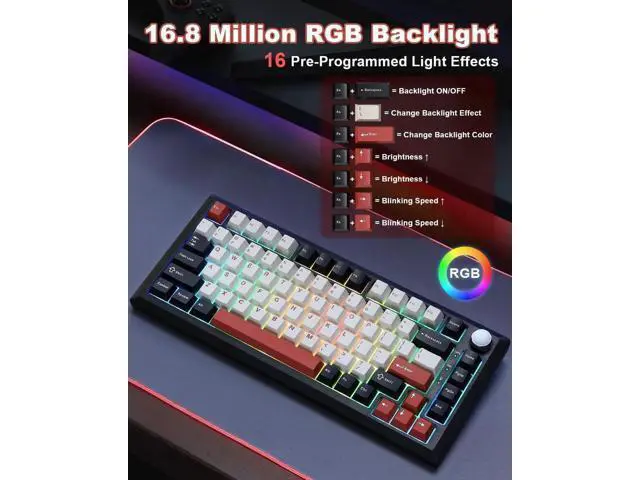 Alt view image 3 of 7 - Y75 75% Tri-Mode Wireless Mechanical Keyboard with Control Knob, Hot Swappable RGB Gaming Keyboard, PBT Keycaps, 2.4G/BT5.0/USB-C, Black Red Colorway with Milk Switch