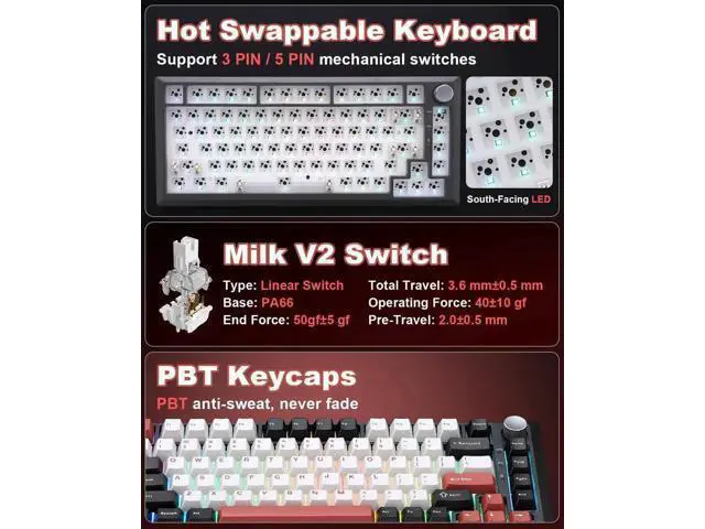 Alt view image 4 of 7 - Y75 75% Tri-Mode Wireless Mechanical Keyboard with Control Knob, Hot Swappable RGB Gaming Keyboard, PBT Keycaps, 2.4G/BT5.0/USB-C, Black Red Colorway with Milk Switch