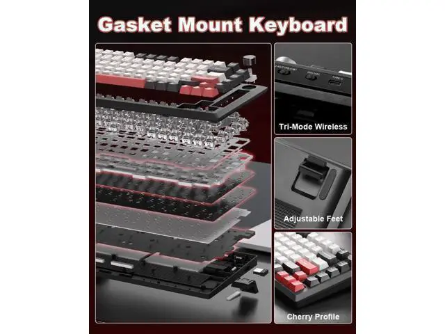 Alt view image 5 of 7 - Y75 75% Tri-Mode Wireless Mechanical Keyboard with Control Knob, Hot Swappable RGB Gaming Keyboard, PBT Keycaps, 2.4G/BT5.0/USB-C, Black Red Colorway with Milk Switch