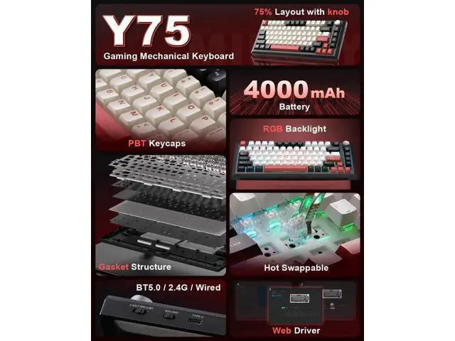 Alt view image 7 of 7 - Y75 75% Tri-Mode Wireless Mechanical Keyboard with Control Knob, Hot Swappable RGB Gaming Keyboard, PBT Keycaps, 2.4G/BT5.0/USB-C, Black Red Colorway with Milk Switch
