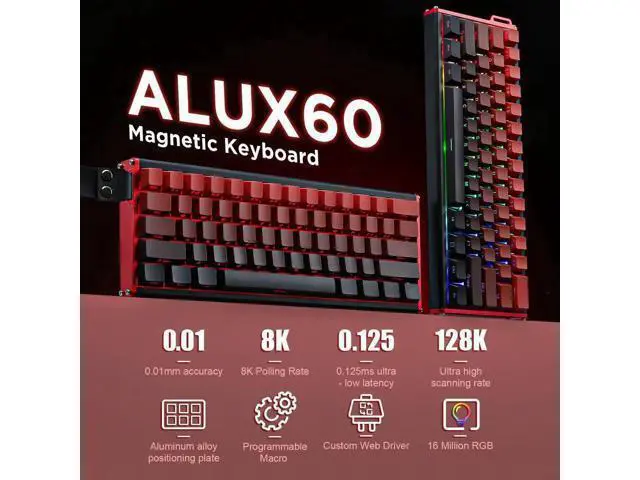 Alt view image 3 of 7 - Alux60 60% Wired Mechanical Gaming Keyboard Hall Effect Magnetic Switch Hot Swappable Rapid Trigger 8KHz Polling Rate RGB Compact Keyboard Compatible with Mac Windows Red