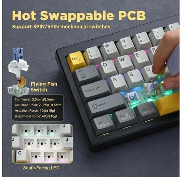 Alt view image 2 of 7 - AJAZZ AK650 65% Wireless Mechanical Keyboard Smart Display Rotary Knob Tri Mode BT 2.4G USB-C Hot Swappable Flying Fish Switch PBT Keycaps RGB Gaming Keyboard Compatible with Windows Mac Black