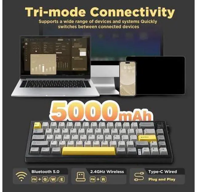 Alt view image 3 of 7 - AJAZZ AK650 65% Wireless Mechanical Keyboard Smart Display Rotary Knob Tri Mode BT 2.4G USB-C Hot Swappable Flying Fish Switch PBT Keycaps RGB Gaming Keyboard Compatible with Windows Mac Black