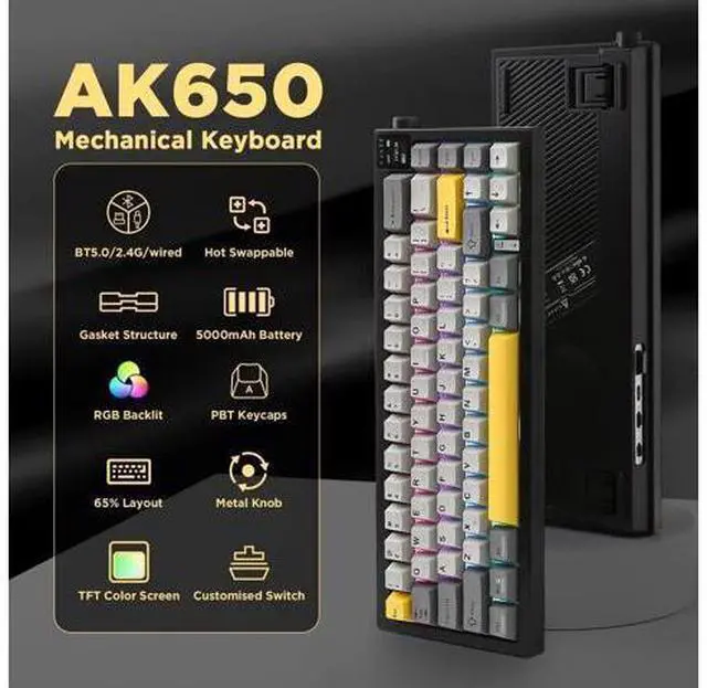 Alt view image 4 of 7 - AJAZZ AK650 65% Wireless Mechanical Keyboard Smart Display Rotary Knob Tri Mode BT 2.4G USB-C Hot Swappable Flying Fish Switch PBT Keycaps RGB Gaming Keyboard Compatible with Windows Mac Black