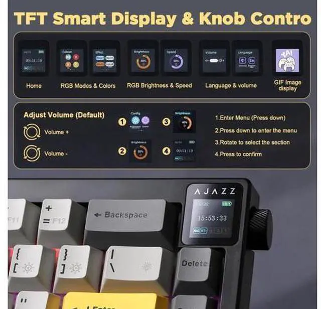 Alt view image 7 of 7 - AJAZZ AK650 65% Wireless Mechanical Keyboard Smart Display Rotary Knob Tri Mode BT 2.4G USB-C Hot Swappable Flying Fish Switch PBT Keycaps RGB Gaming Keyboard Compatible with Windows Mac Black