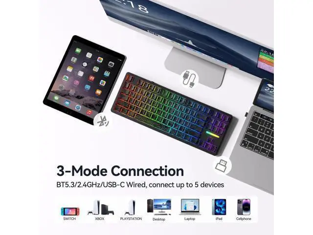 Alt view image 4 of 7 - Tri-Mode Wireless Mechanical Gaming Keyboard 10000mAh Large Battery BT5.3 2.4G USB-C Hot Swappable 15-Layer Gasket Structure RGB Side Printed PBT Keycaps Custom Keyboard