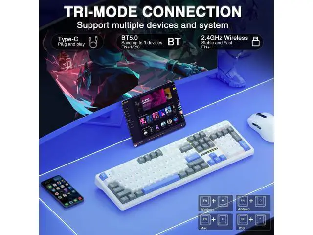 Alt view image 2 of 7 - F108 108 Keys Full Size Wireless Mechanical Keyboard Tri-Mode BT5.0 2.4G USB-C Hot Swappable Pre-lubed Switch PBT Keycaps RGB Gaming Keyboard with Numpad