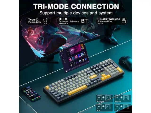 Alt view image 7 of 7 - F108 Full Size 108 Keys Wireless Mechanical Keyboard Tri-Mode BT5.0 2.4GHz USB-C Hot Swappable Pre-lubed Switch PBT Keycaps RGB Gaming Keyboard with Numpad