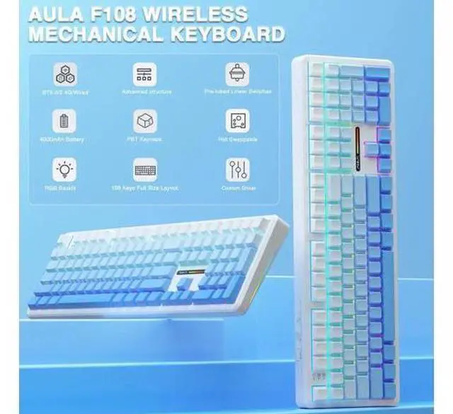 Alt view image 7 of 7 - F108 Full Size Wireless Mechanical Keyboard 108 Keys With Number Pad Tri Mode BT5.0 2.4G USB-C Hot Swappable Pre-lubed Switch PBT Keycaps RGB Backlit Gaming Keyboard