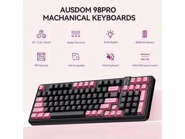 Alt view image 3 of 7 - 98Pro Silent Wireless Mechanical Keyboard Tri-Mode BT 2.4G USB-C Hot Swappable Gasket Structure Pre-lubed Tactile Switch PBT Keycaps RGB Backlit Black Pink Quiet Gaming Keyboard