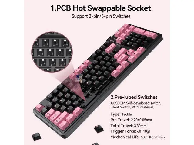 Alt view image 7 of 7 - 98Pro Silent Wireless Mechanical Keyboard Tri-Mode BT 2.4G USB-C Hot Swappable Gasket Structure Pre-lubed Tactile Switch PBT Keycaps RGB Backlit Black Pink Quiet Gaming Keyboard