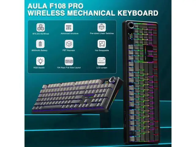 Alt view image 4 of 7 - F108 Pro Full Size Wireless Mechanical Keyboard with Smart Screen & Media Knob, 8000mAh Large Battery, Hot Swappable Pre-lubed Switches, Side Printed PBT Keycaps RGB Backlit Custom Gaming Keyboard