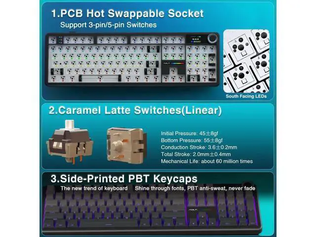 Alt view image 6 of 7 - F108 Pro Full Size Wireless Mechanical Keyboard with Smart Screen & Media Knob, 8000mAh Large Battery, Hot Swappable Pre-lubed Switches, Side Printed PBT Keycaps RGB Backlit Custom Gaming Keyboard