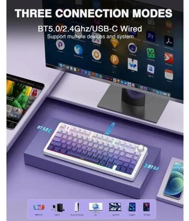 Alt view image 6 of 7 - F75 Pro 75% Gasket Hot Swappable Wireless Keyboard SC580X Gaming Mouse Combo Light Purple
