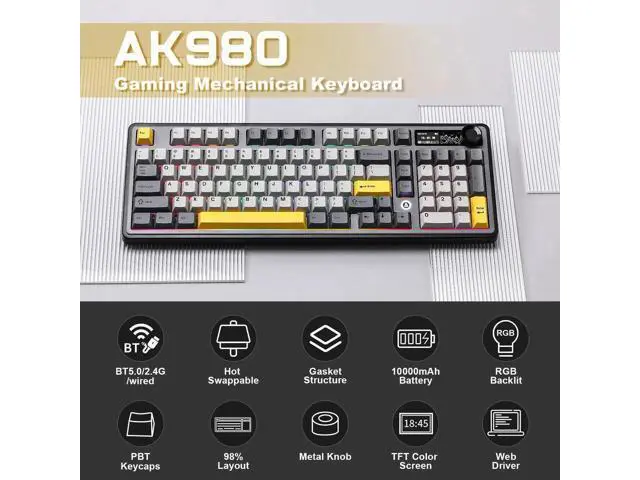 Alt view image 2 of 7 - AJAZZ AK980 98% Tri-Mode Wireless Mechanical Keyboard With Smart Display Knob, Hot Swappable Murad Switch PBT Keycaps RGB Keyboard Black Compatible With Win Mac