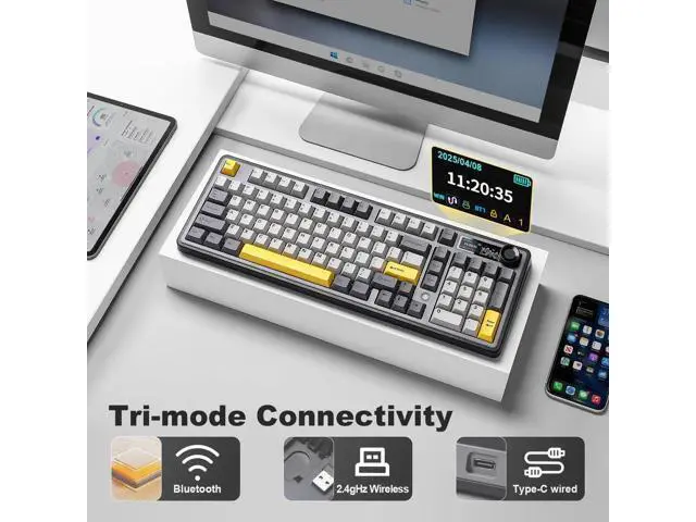 Alt view image 3 of 7 - AJAZZ AK980 98% Tri-Mode Wireless Mechanical Keyboard With Smart Display Knob, Hot Swappable Murad Switch PBT Keycaps RGB Keyboard Black Compatible With Win Mac