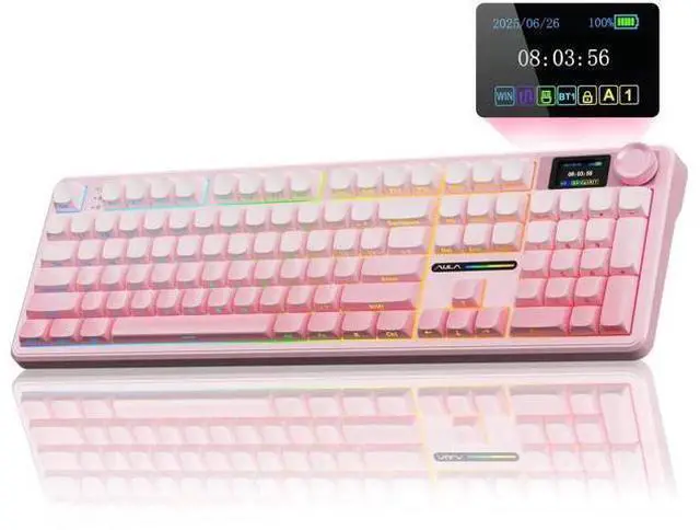 Main image of F108 PRO Full Size Tri-Mode Wireless Mechanical Keyboard with Screen & Knob, 8000mAh Battery Hot Swappable Pink Keyboard Pre-lubed Switch Side Printed PBT Keycaps RGB Backlit