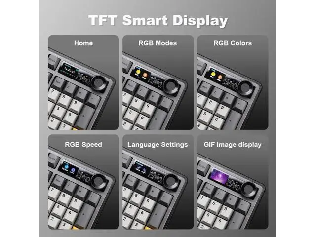 Alt view image 7 of 7 - AJAZZ AK980 98% Tri-Mode Wireless Mechanical Keyboard With Smart Display Knob, Hot Swappable Murad Switch PBT Keycaps RGB Keyboard Black Compatible With Win Mac