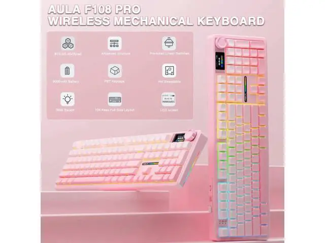 Alt view image 4 of 7 - F108 PRO Full Size Tri-Mode Wireless Mechanical Keyboard with Screen & Knob, 8000mAh Battery Hot Swappable Pink Keyboard Pre-lubed Switch Side Printed PBT Keycaps RGB Backlit