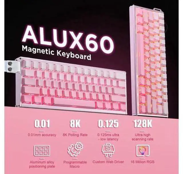 Alt view image 2 of 7 - Alux60 Wired Gaming Keyboard Aluminum Frame Hall Effect Magnetic Switch 8K Polling Rate 0.125ms Low Latency 128K Scan Rate Side Printed PBT Keycaps RGB Backlit Pink