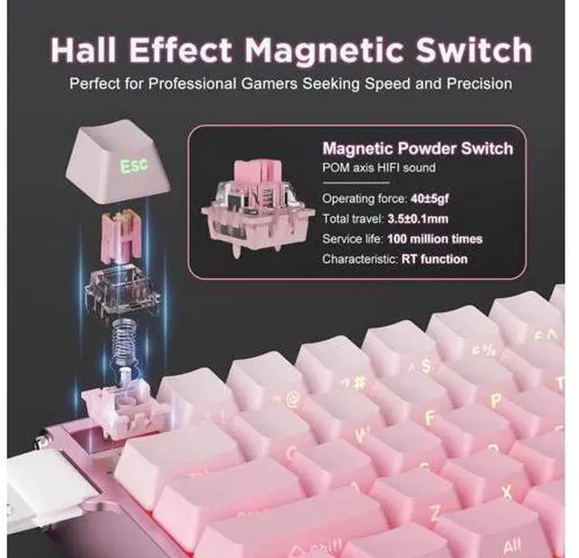 Alt view image 7 of 7 - Alux60 Wired Gaming Keyboard Aluminum Frame Hall Effect Magnetic Switch 8K Polling Rate 0.125ms Low Latency 128K Scan Rate Side Printed PBT Keycaps RGB Backlit Pink
