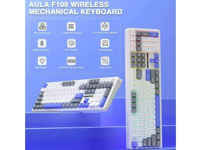 Alt view image 5 of 7 - F108 108 Keys Full Size Wireless Mechanical Keyboard Tri-Mode BT5.0 2.4G USB-C Hot Swappable Pre-lubed Switch PBT Keycaps RGB Gaming Keyboard with Numpad