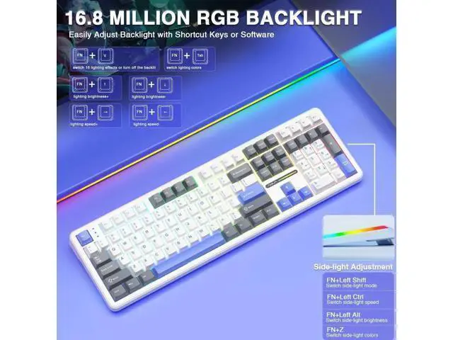 Alt view image 6 of 7 - F108 108 Keys Full Size Wireless Mechanical Keyboard Tri-Mode BT5.0 2.4G USB-C Hot Swappable Pre-lubed Switch PBT Keycaps RGB Gaming Keyboard with Numpad
