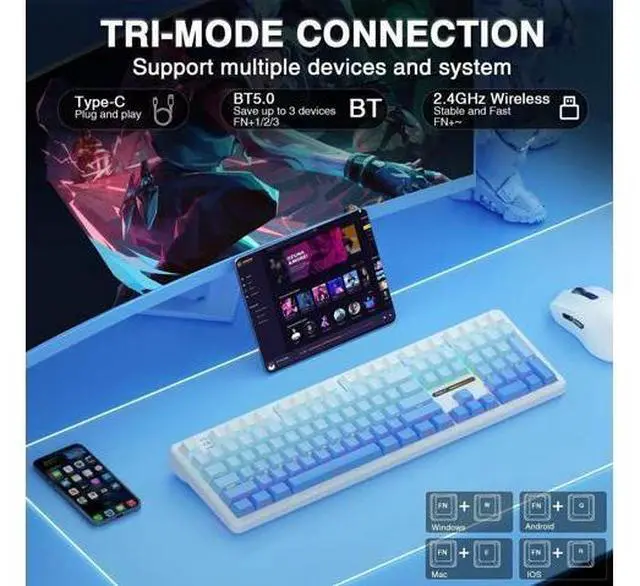 Alt view image 6 of 7 - F108 Full Size Wireless Mechanical Keyboard 108 Keys With Number Pad Tri Mode BT5.0 2.4G USB-C Hot Swappable Pre-lubed Switch PBT Keycaps RGB Backlit Gaming Keyboard