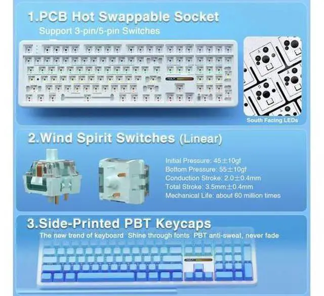 Alt view image 5 of 7 - F108 Full Size Wireless Mechanical Keyboard 108 Keys With Number Pad Tri Mode BT5.0 2.4G USB-C Hot Swappable Pre-lubed Switch PBT Keycaps RGB Backlit Gaming Keyboard