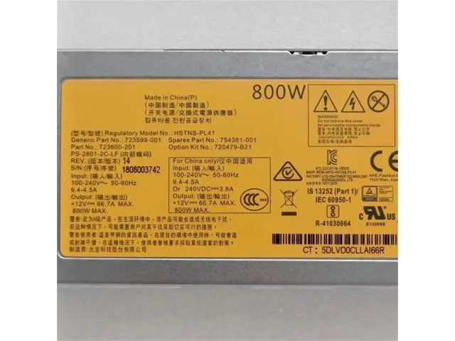 Alt view image 3 of 6 - 800W Platinum Hot-Swap Power Supply for HPE ProLiant DL360 DL380 DL388 G9 Gen9, Replacement for HSTNS-PL41 754381-001 723599-001 720479-B21 723660-201