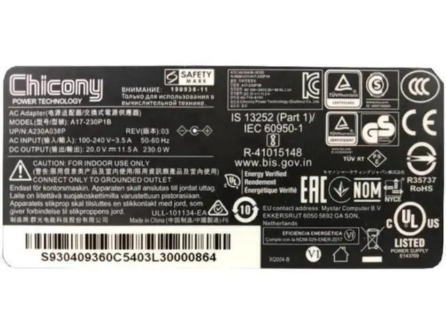 Alt view image 2 of 2 - 230W 20V 11.5A AC Adapter Charger, Chicony A17-230P1B A230A038P 5.5x2.5mm DC Power Supply Replacement for MSI Gaming Laptop