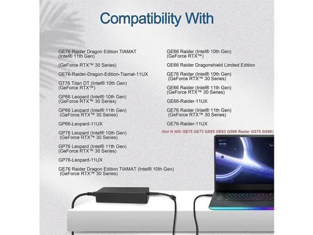 Alt view image 3 of 4 - 280W AC Charger Adapter, 20V 14A Power Supply Replacement for MSI GE66 GE76 Raider GP66 GP76 Leopard, Clevo X170SM-G X170KM-G, ADP-280BB B A18-280P1A S93-0409330-C54