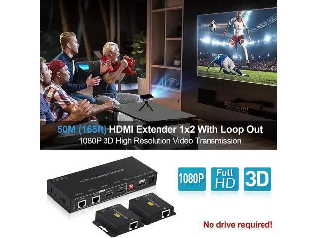 Alt view image 6 of 7 - 1x2 HDMI Extender Splitter, 1080P@60Hz 1 in 2 Out HDMI Over Cat5e/Cat6 Cable Up to 165ft/50m, Dual Local HDMI Loop-Out, POC Power Supply, EDID & 3D Support for Fire Stick TV Box