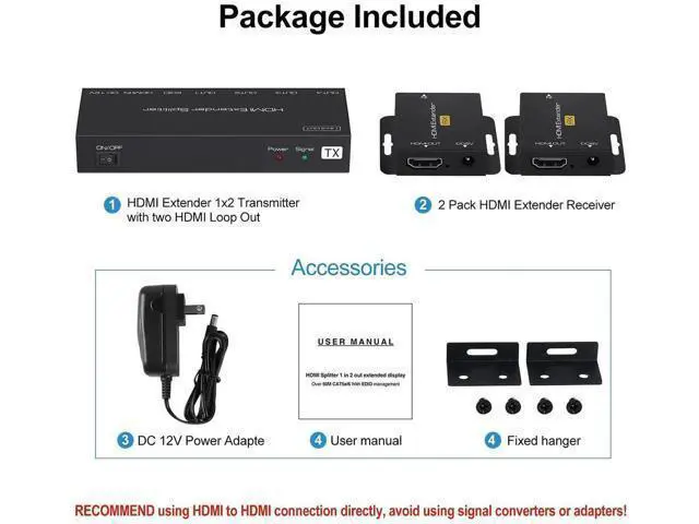 Alt view image 7 of 7 - 1x2 HDMI Extender Splitter, 1080P@60Hz 1 in 2 Out HDMI Over Cat5e/Cat6 Cable Up to 165ft/50m, Dual Local HDMI Loop-Out, POC Power Supply, EDID & 3D Support for Fire Stick TV Box