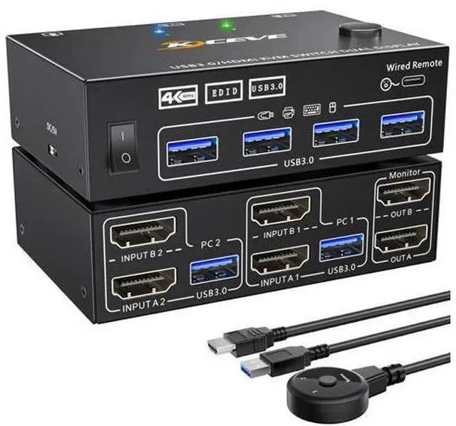 Main image of Dual Monitor KVM Switch 2 Port 4K@60Hz 2K@144Hz Simulation EDID,HDMI USB 3.0 Switch Extended Display 2 Monitors 2 Computers with HDMI and USB 3.0 Cables Wired Controller