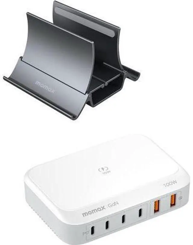 Main image of MOMAX Vertical Laptop Stand Holder, Gravity Auto Locking Holder Storage Dock, Space Saving for Desk Organizer, Cell Phone Stand, Multiple USB Charging Station, 100 W GaN 6 Port USB C Charger Hub